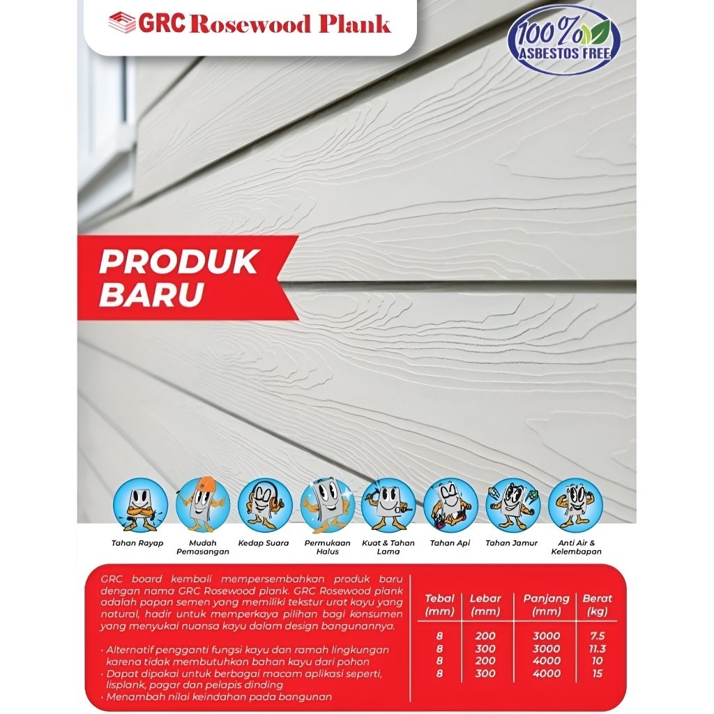 GRC Rosewood Plank 4m. Tebal 8mm - Lisplank - Lisplang - Plint - Dinding