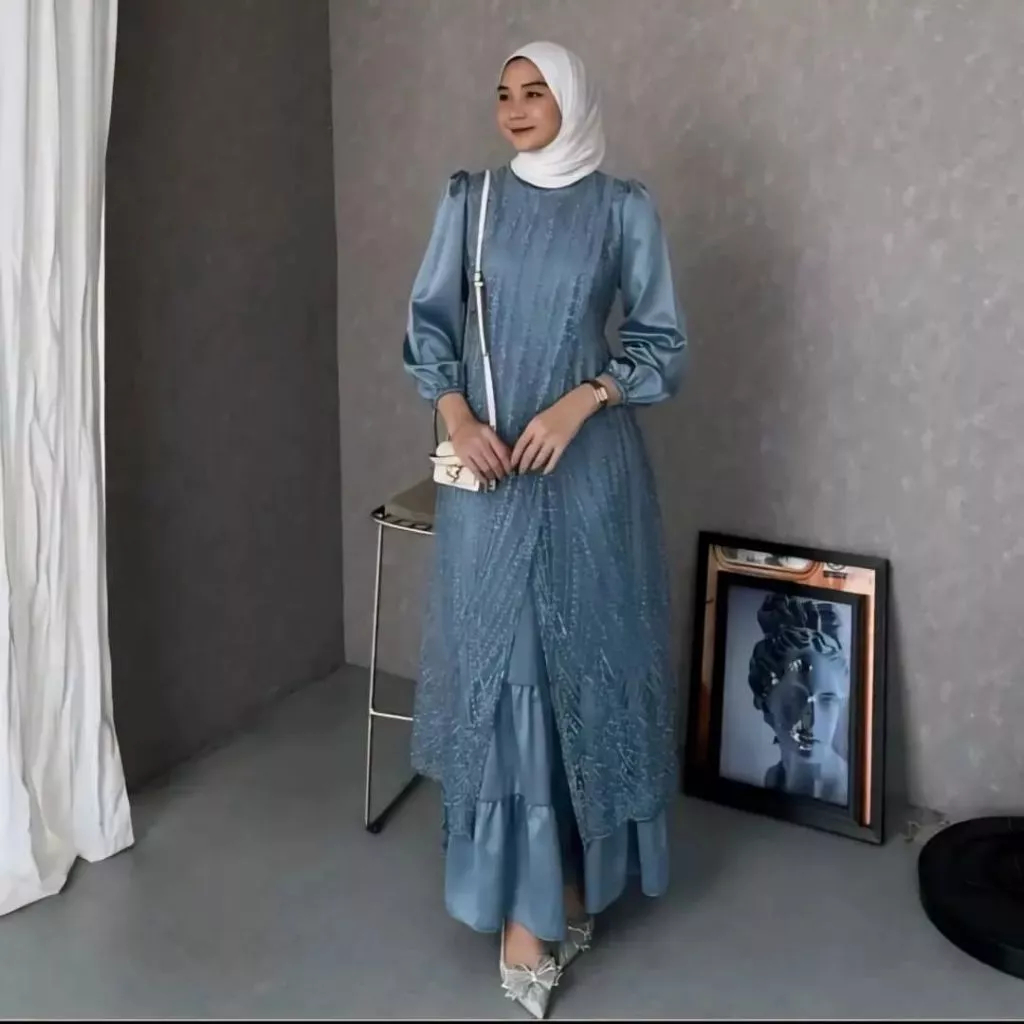 GAMIS OLIVIA MEWAH KEKINIAN 2024 BROKAT MIX VELVET DRESS PESTA VIRAL ELEGAN MODERN