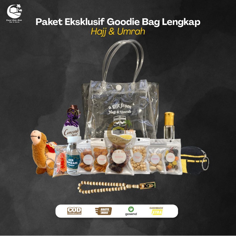 

Paket oleh oleh Haji Dan Umroh Eksklusif Tas Goodie Bag Totebag Transparan Lengkap series Gantungan Kunci Unta dan Kabah