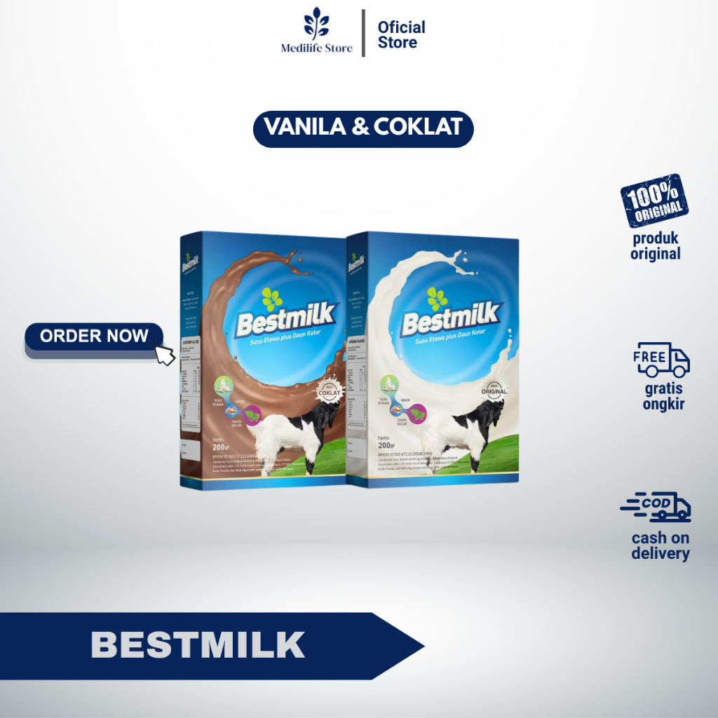 

BESTMILK SUSU KAMBING PLUS DAUN KELOR /SUSU KAMBING BUBUK 200GRAM rasa coklat dan original Sehat Alami, Gizi Lengkap dari Susu Kambing dan Daun Kelor
