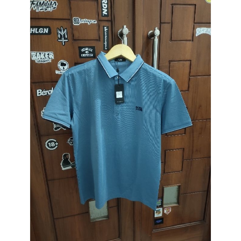 kaos Pria Polo/Kerah HUGO BOSS Kain Rayon Premium Warna Biru Ukuran M, 100%Original&Murah