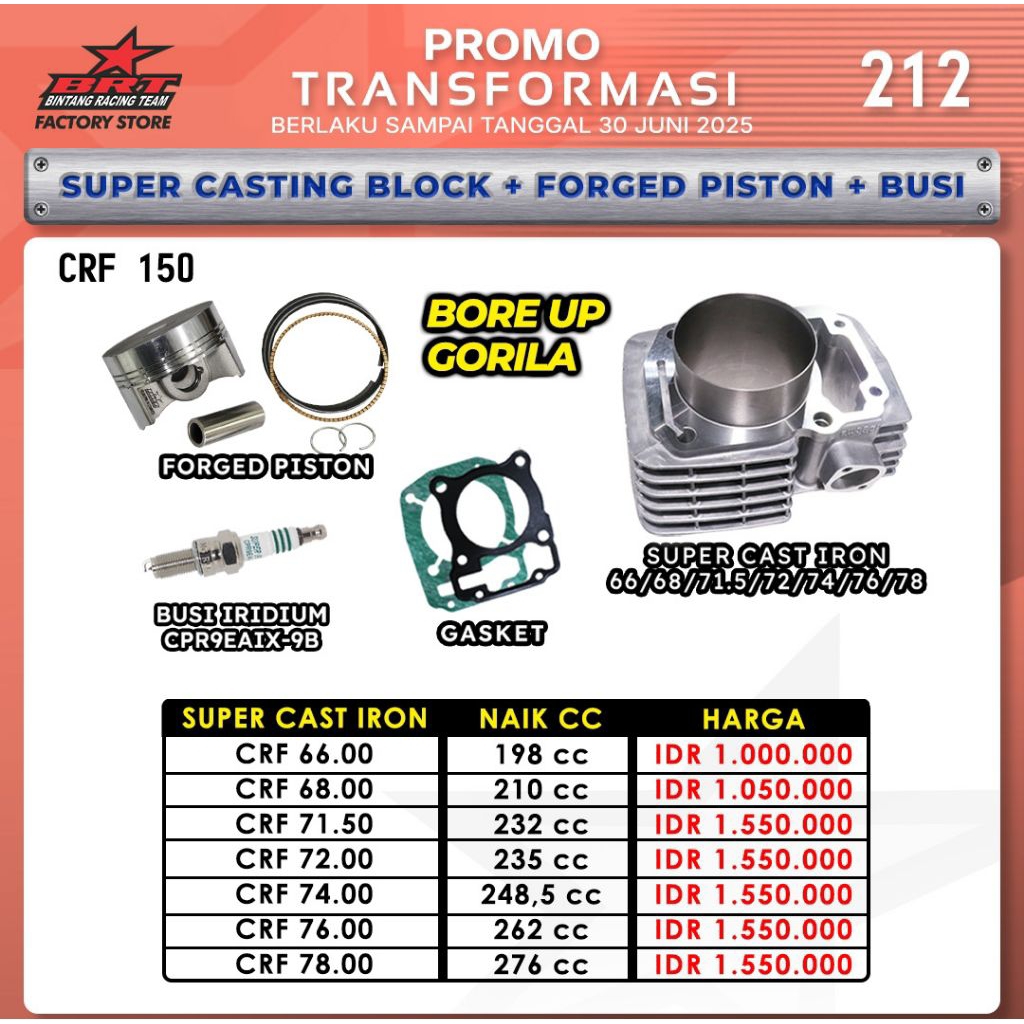 Paket CRF Blok Cast Iron + Piston BRT 72mm / 74mm