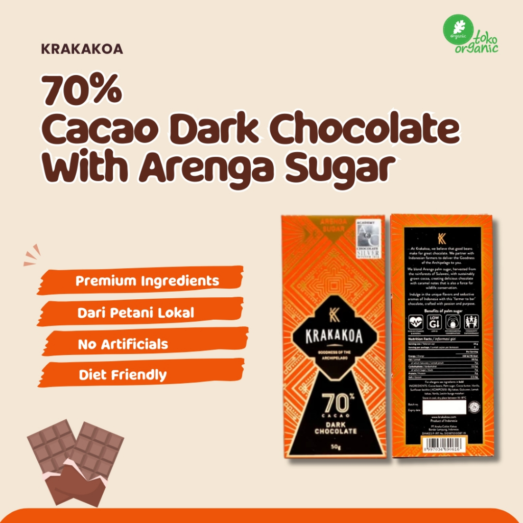 

Krakakoa Arenga Sugar 70% Cacao Dark Chocolate (50gr) | Dark Choco Bar, Coklat Pahit, Kakao Coklat Bar, Choco Bar 70%, Coklat Diet Friendly, Vegan Friendly