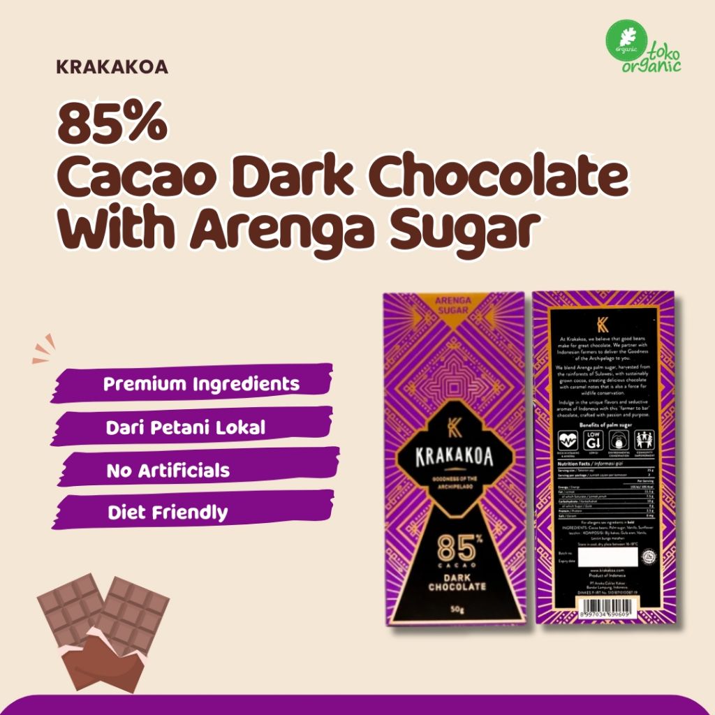 

Krakakoa 85% Dark Chocolate Bar With Arenga Sugar (50gr) | Arenga 85% Dark Chocolate | Coklat untuk Diet, dan Vegan Friendly, Camila Meredakan Stres