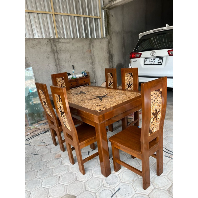 Set meja makan kayu jati Meja makan minimalis 6 kursi jati Meja makan minimalis koin 6 kursi kayu ja