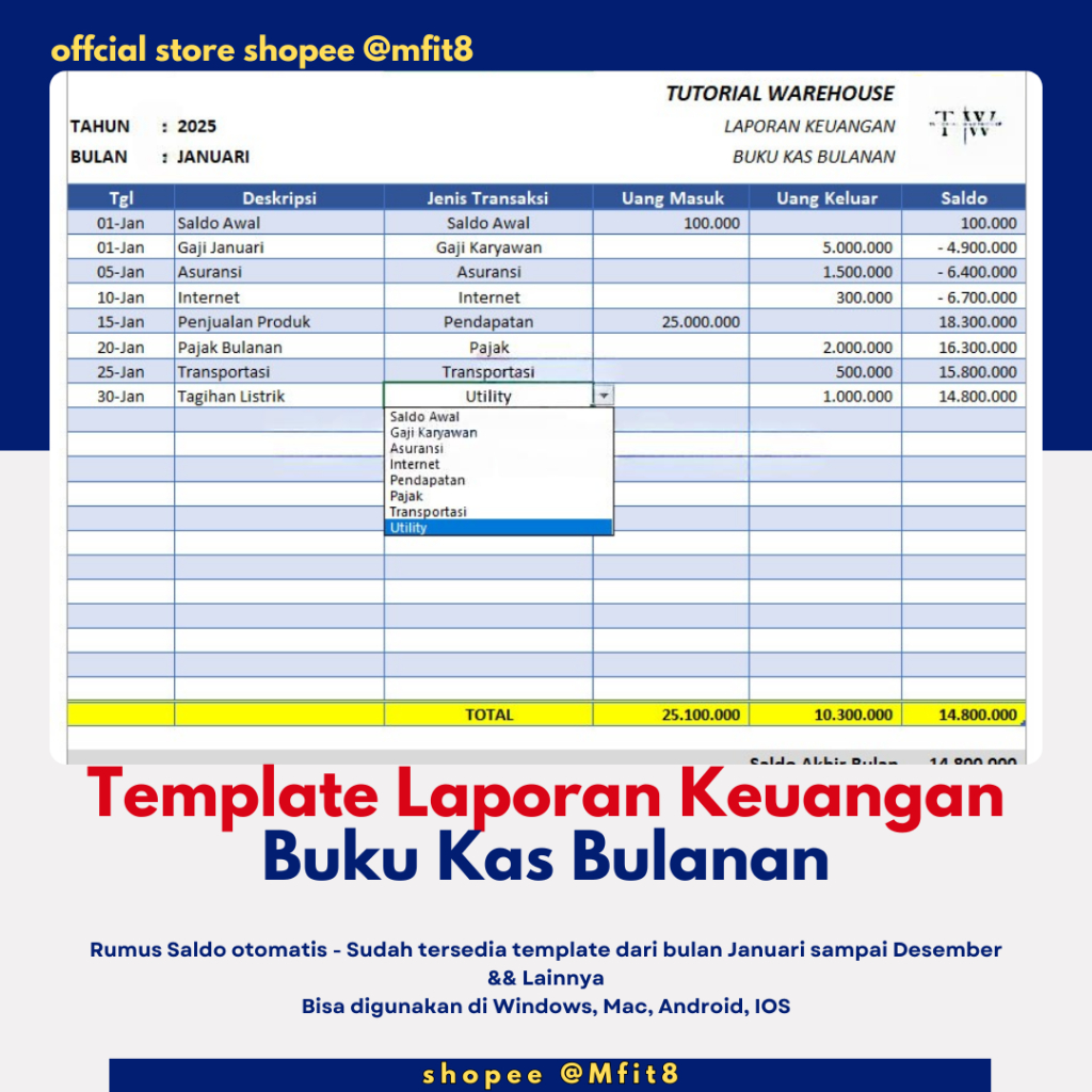 Template Excel GSheets Laporan Keuangan Buku Kas Bulanan