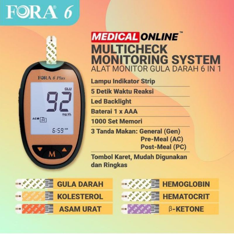 FORA 6 PLUS alat cek gula darah 6 in 1 Non Bok