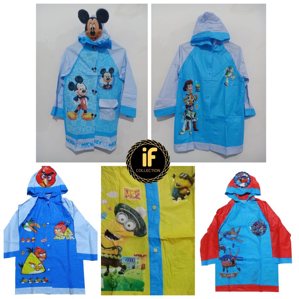 Jas Hujan Anak Kecil Karakter Angry Bird Planes Mickey Mouse Minions Toy Story Spiderman Super Mario