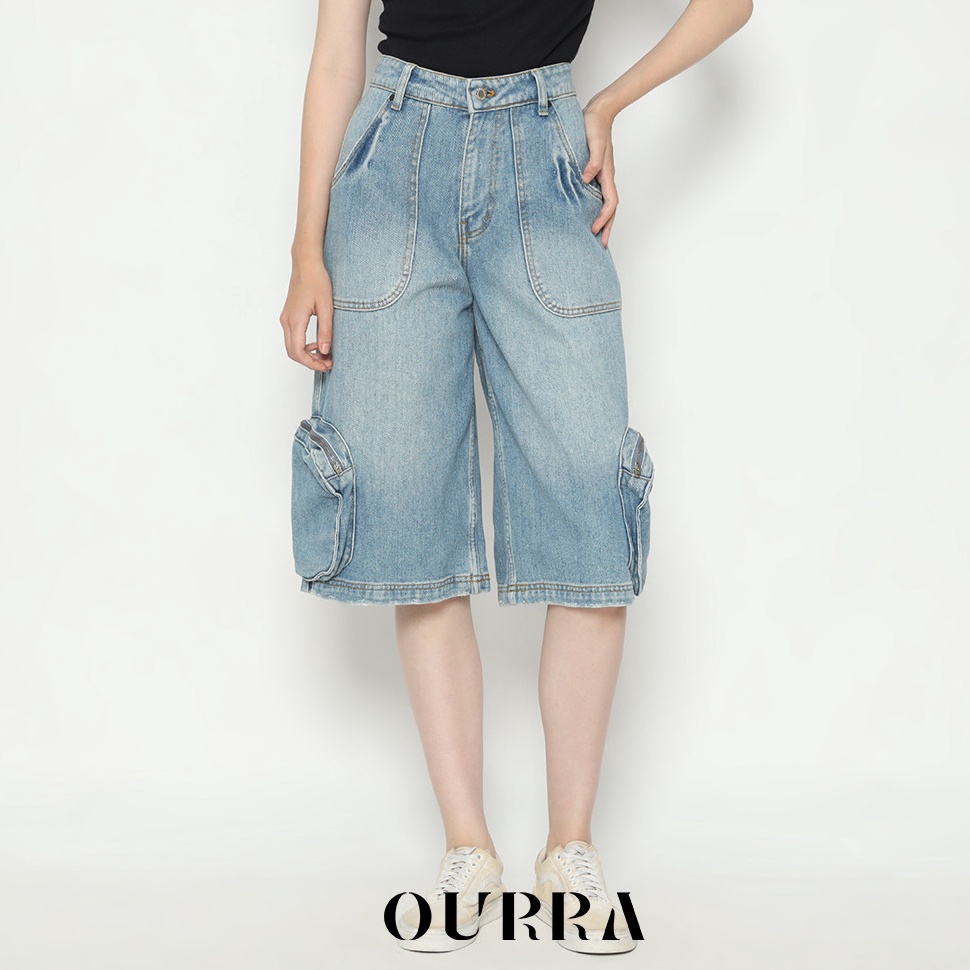 KODE F49E Ourra Bermuda Baggy Cargo Celana Pendek Jeans Wanita  Light Blue