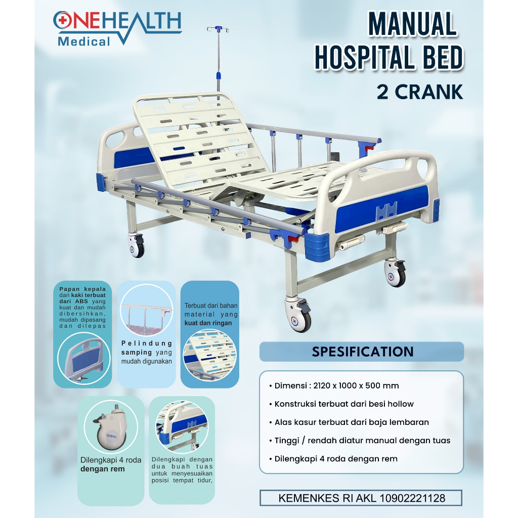 Onehealth GTT Hospital Bed 2 Crank + Standart infus + Matras 2 Crank Manual / Ranjang Medis Tempat T