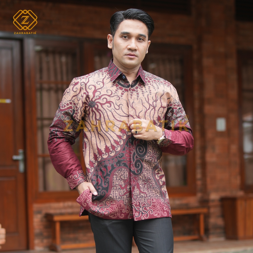 Batik Zahra - Kemeja Premium - Motif Batara Bayu - Warna Merah Maroon - Kemeja Batik Kantor Premium