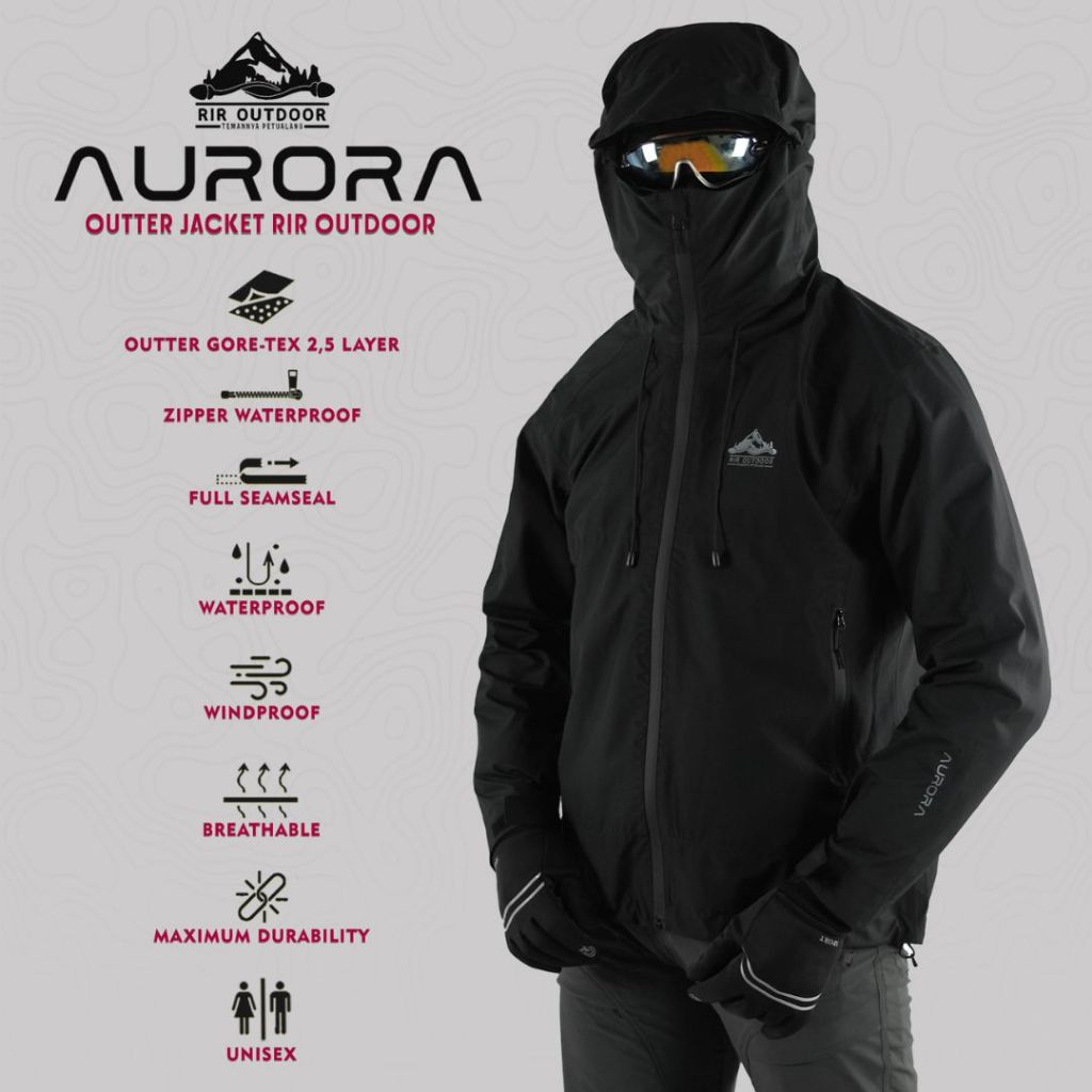 JAKET WATERPROOF GORETEX 2,5 LAYER RIR OUTDOOR AURORA SERIES JAKET GUNUNG WINDPROOF TAHAN ANGIN FULL
