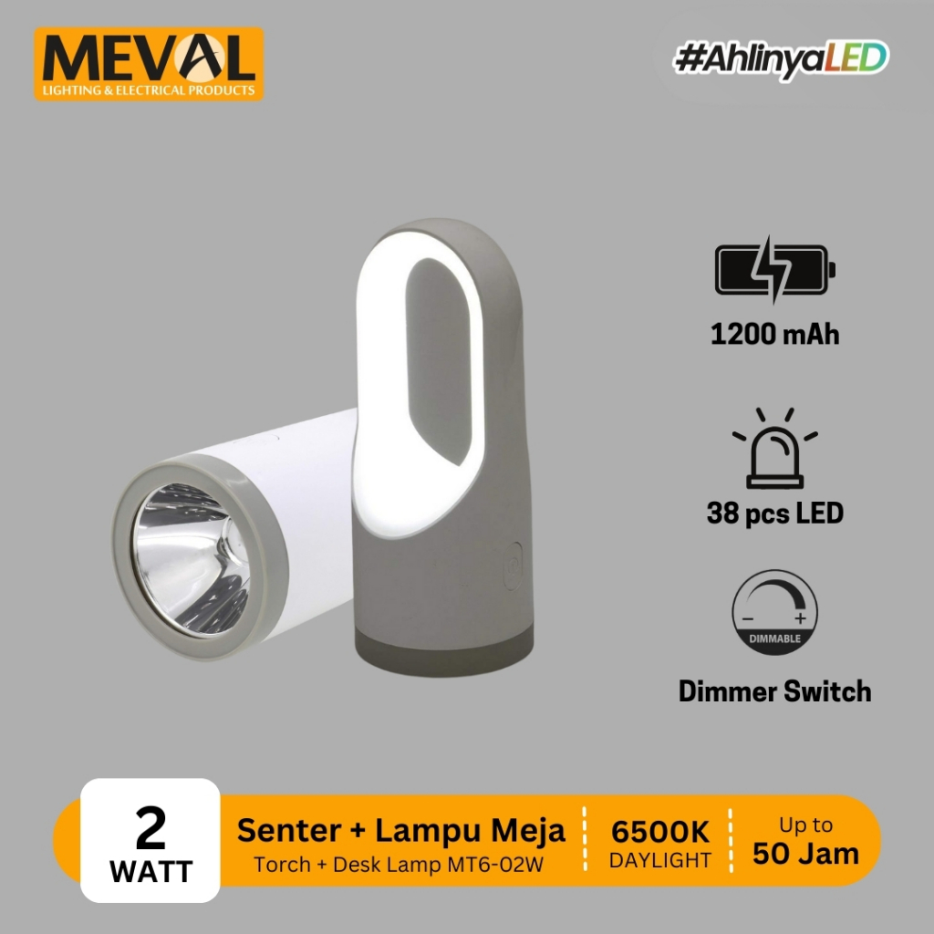 MEVAL Lampu LED Emergency 2in1 Senter & Lampu Meja | Tahan 50 Jam MT6-02W