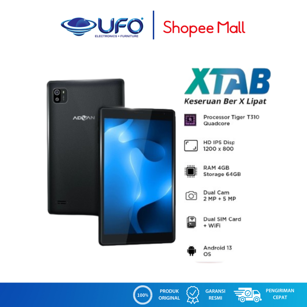 ADVAN XTab | Dual Sim Card 4G LTE 4/64 GB Quadcore T310 | Android 13 | Garansi Resmi 1 Tahun