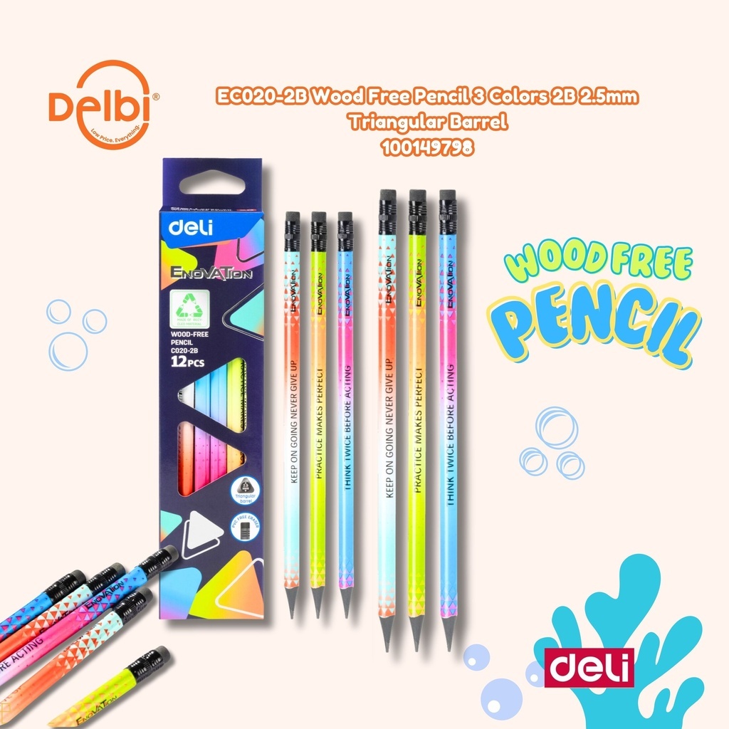 

Wood Free Pencil 3 Colors 2B 2.5mm Triangular Barrel PENSIL DELI WARNA