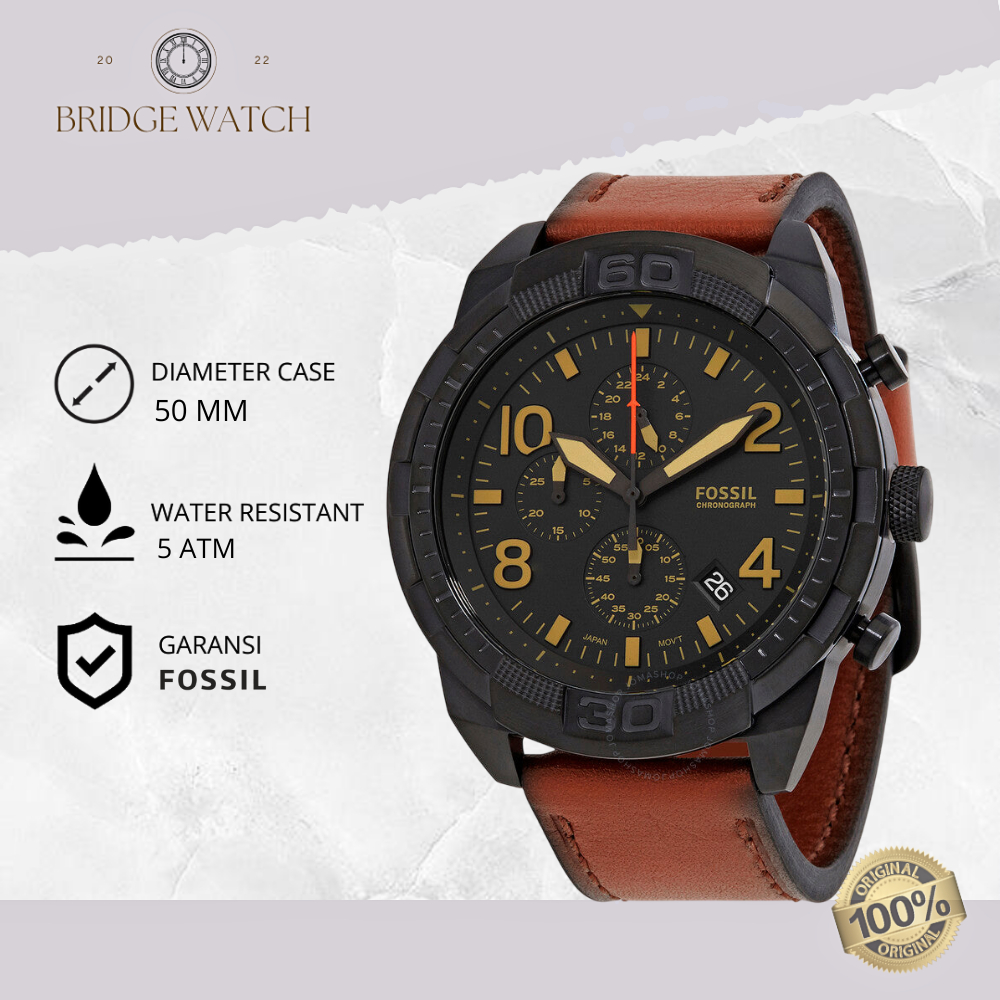 Jam Tangan Pria Fossil Bronson FS5714 Chronograph Luggage Brown Leather Strap Kulit Coklat Sporty Or