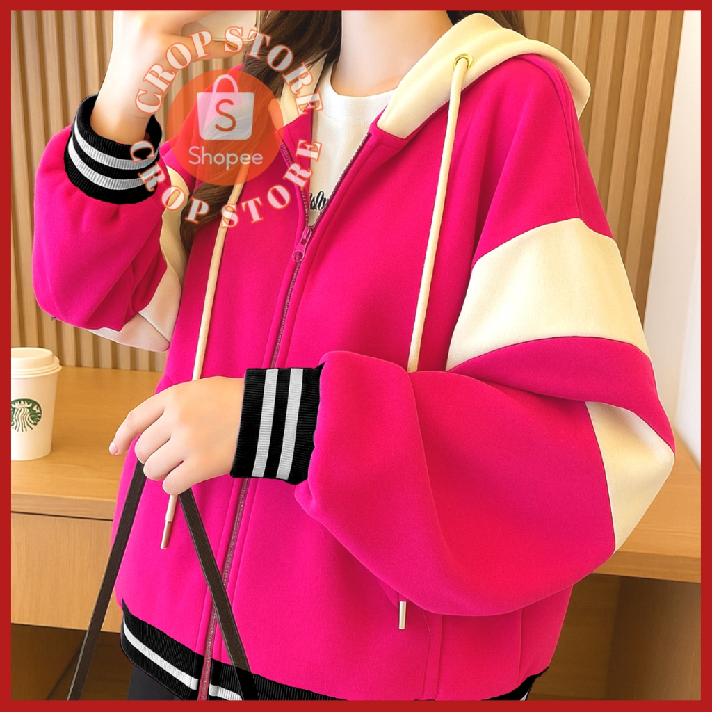 Hoodie Zip Up Varsity Wanita BIGSIZE ( S-5XL ) Jacket Baseball PINK FUSCHIA JUMBO Kekinian
