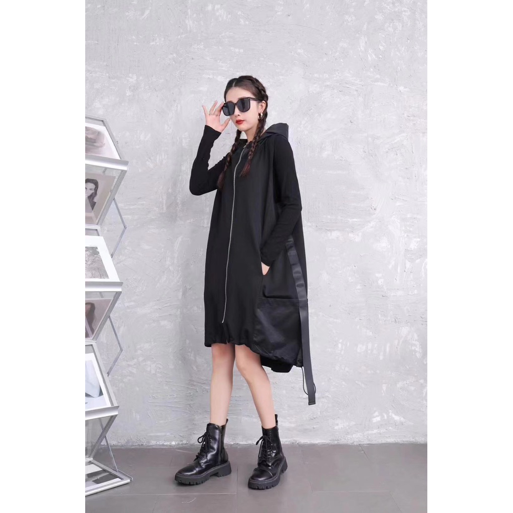 Nineties Studio - Long hoodie vest with silver zipper / vest panjang / vest wanita / luaran wanita /