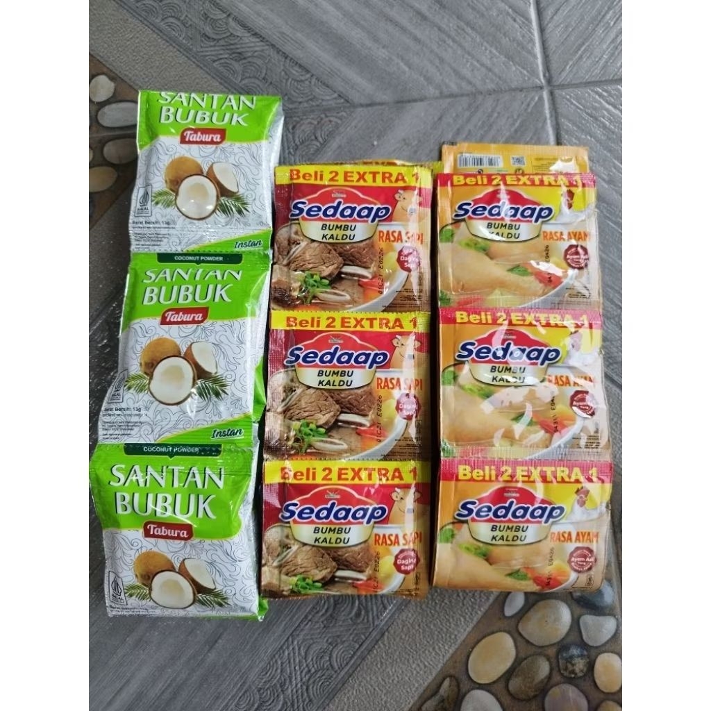 

paket masak santan tabura 1rcng (10sachet) & 2 renceng sedap kaldu sapi ayam (36sachet)