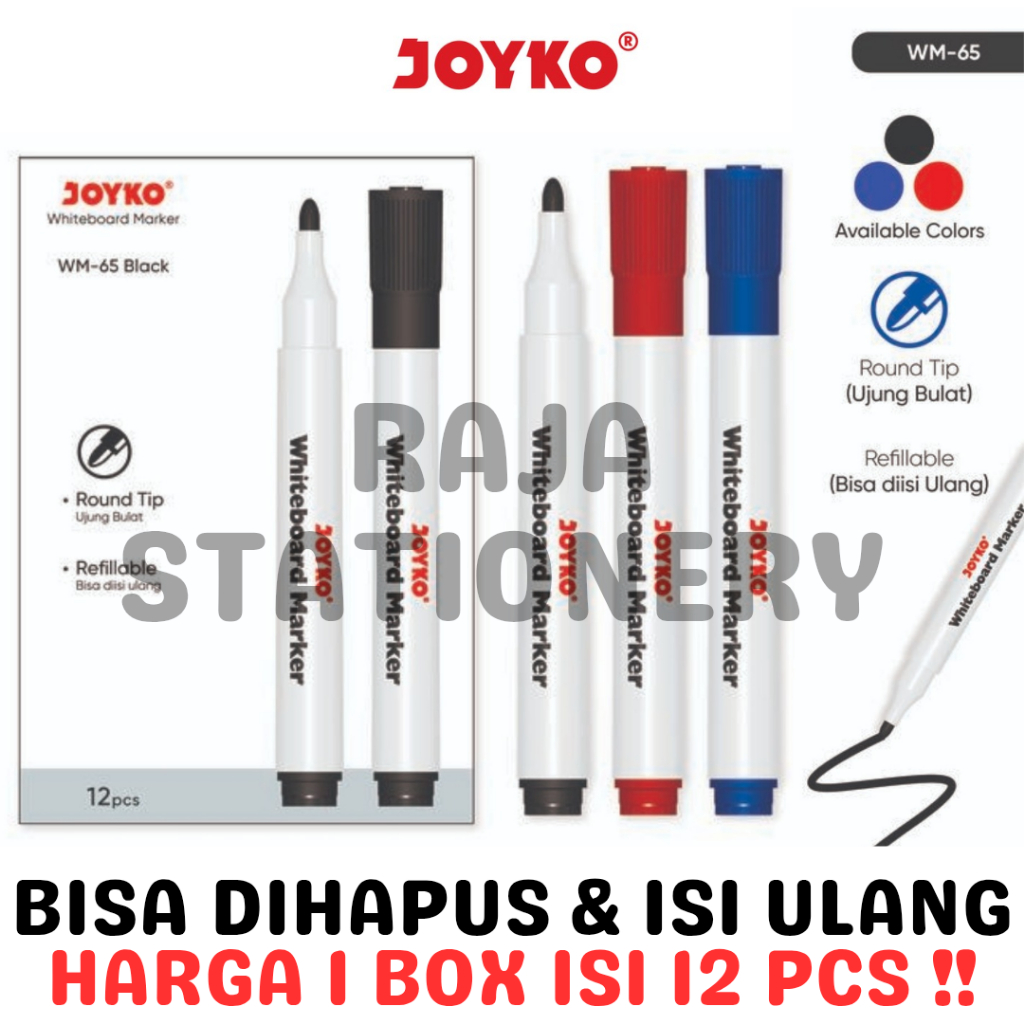 

JOYKO WHITEBOARD MARKER REFILLABLE BLACK BLUE RED SPIDOL PAPAN TULIS JOYKO HITAM BIRU MERAH BISA DIHAPUS LUSIN BOX [12PCS]