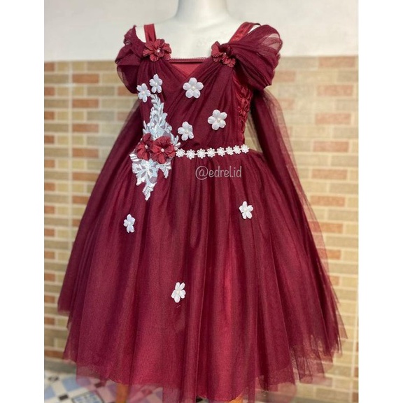 EDRELID  DRESS TUTU MIST MAROON BUNGA PUTIH SELENDANG GAUN PESTA PARTY ANAK BALITA PEREMPUAN BEST SE