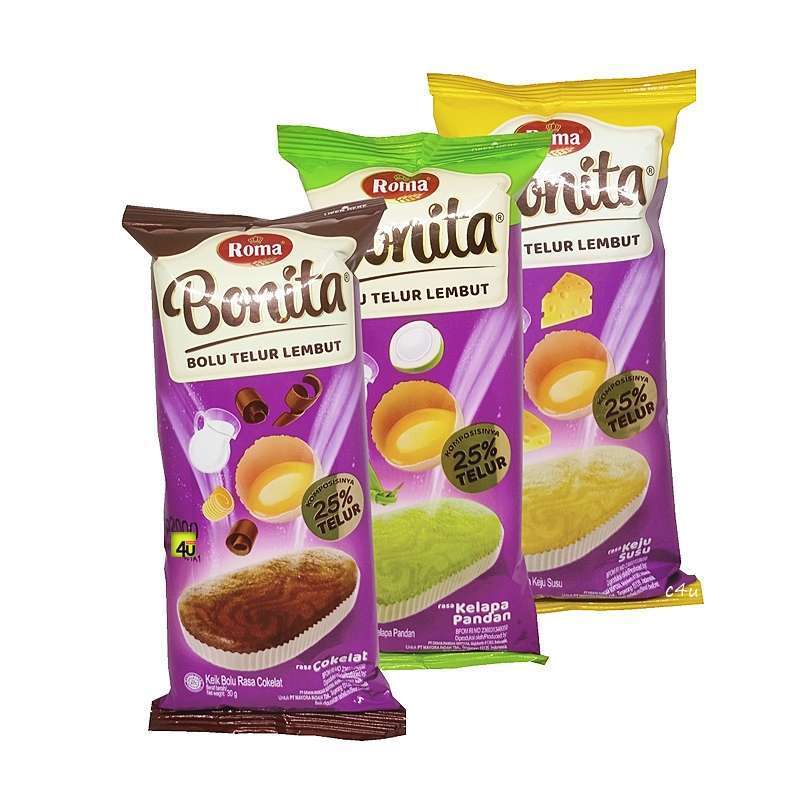 

ROMA BONITA BOLU TELUR LEMBUT 30gr KEIK BOLU RASA COKELAT KEJU SUSU KELAPA PANDAN