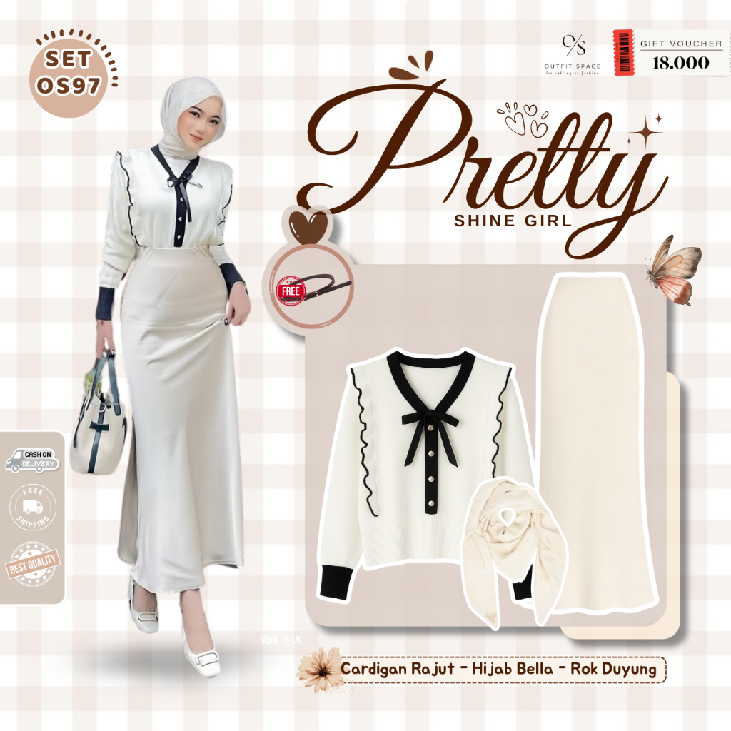 One Set Rok Wanita Kekinian | Blouse Rajut Putih, Rok Mermaid Cream, Hijab Bella Square Broken White