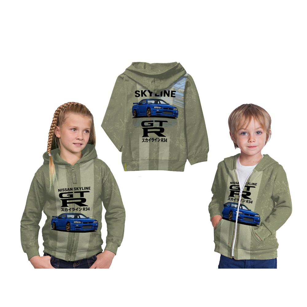 Jaket Hoodie Zipper Anak Nissan SKYLINE GTR R34 Mobil Sport Art 1-2 Custom Full Print