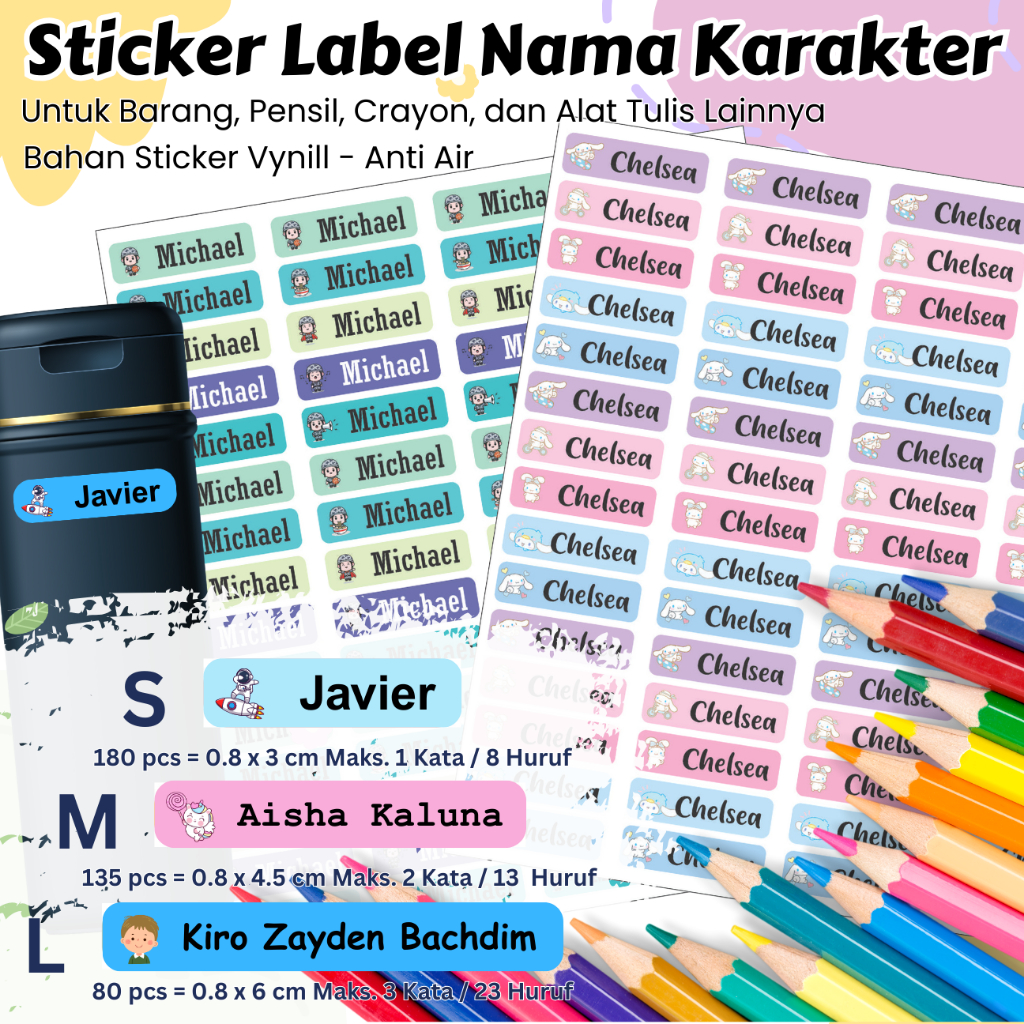 

Sticker Label Nama Karakter Pensil Peralatan Sekolah - Anti Air - LABEL NAMA CUSTOM MURAH