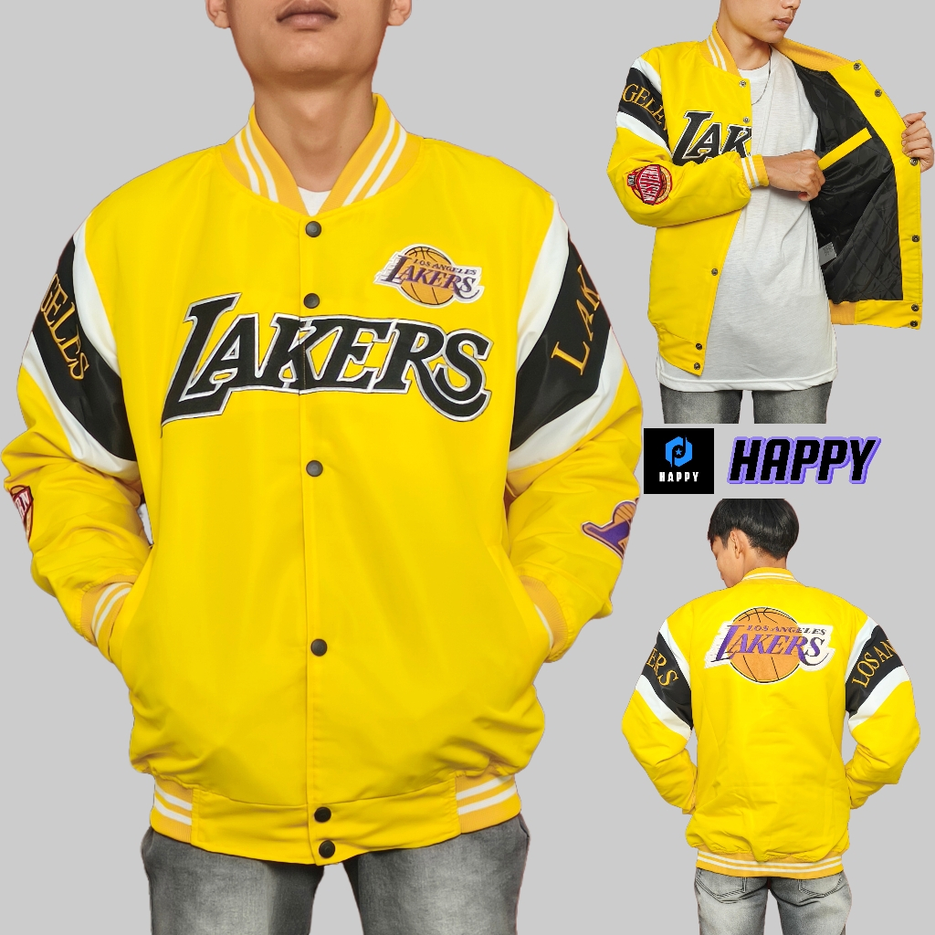 HAPPY Varsity Jacket Basket Pria Wanita Full Bordir Casual Keren Lakers Western Yellow