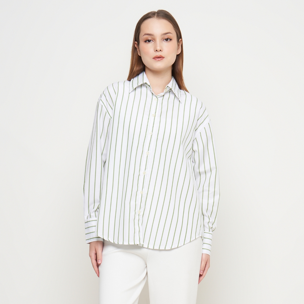 Cali Oversized Striped Shirt - MATCHA / Green Stripe Shirt / Kemeja Oversize Wanita / Kemeja Salur H