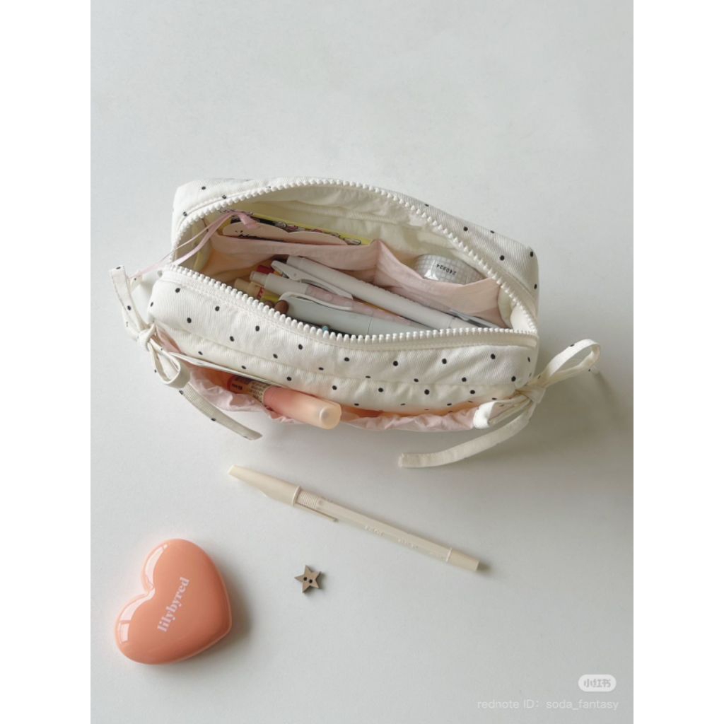 

￼Mismi Alice Pencil Case Kotak Pensil Sekolah Motif Polkadot with Pita Perempuan Trendy - PC2A