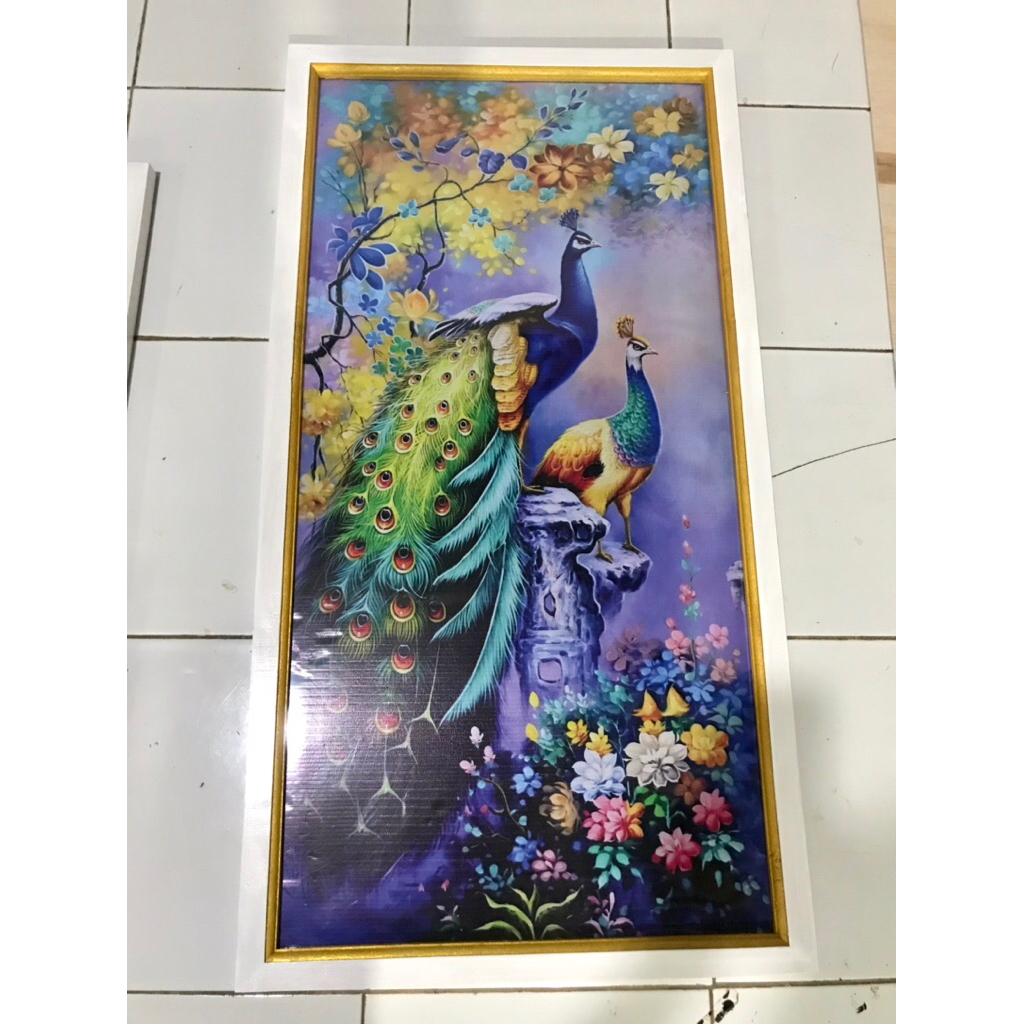 hiasan dinding lukisan cetak gambar burung merak ungu plus bingkai uk 100x50cm