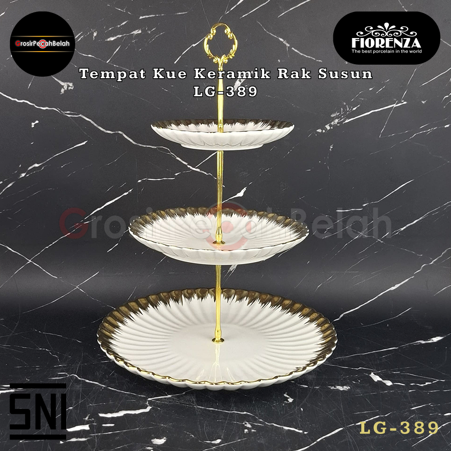 Tempat Kue Keramik Rak Susun Tingkat 3 Bulat Motif Gold Fiorenza LG-389