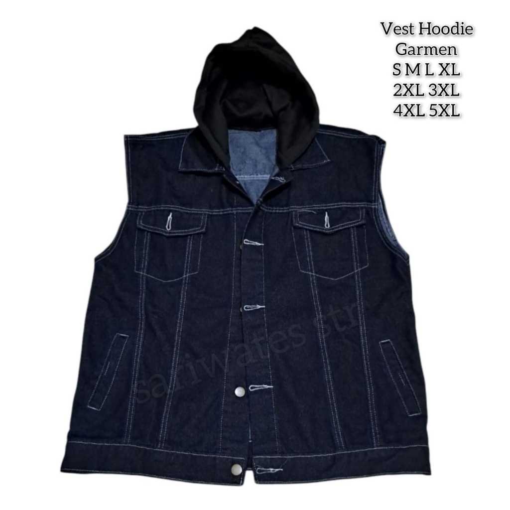Rompi Jeans Pria Hoodie Jaket Polos Besar Casual Vest Denim Dongker Jacket Jumbo Lengan Pendek