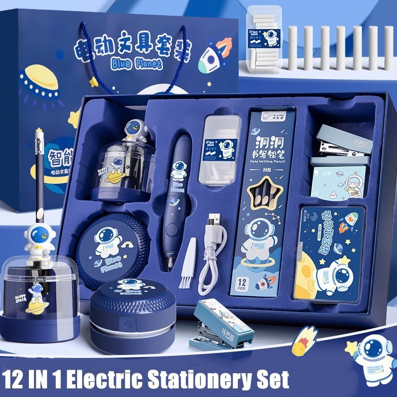 Baru 12 IN 1 Electric Stationery Set  Set Alat Tulis Elektronik Rautan Penghapus Vacuum Pencil Set A