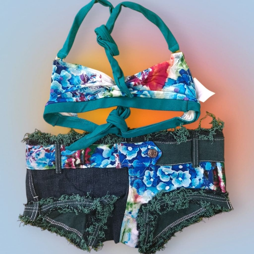 Setelan BARU Celana Pendek Bra Olahraga Set Jeans Belel Spandex Fitness Gym STL-02