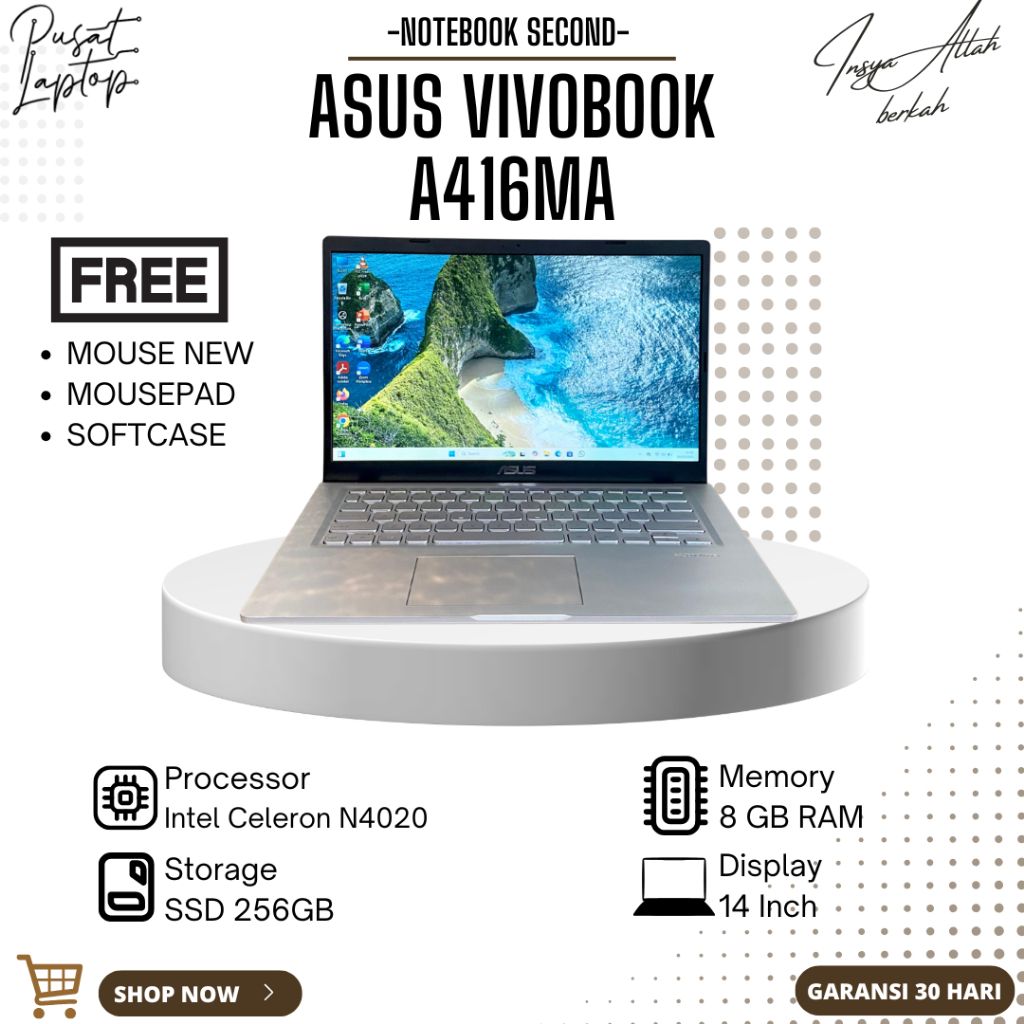 LAPTOP ASUS A416 SECOND | INTEL CELERON N4020 | RAM 8 GB | SSD 256 GB | NORMAL | BERGARANSI
