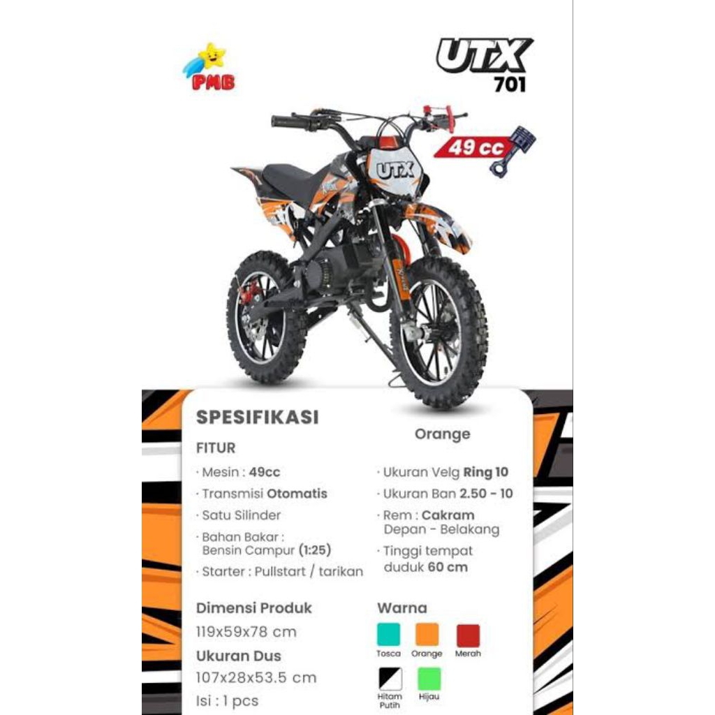 Sepeda Motor Anak Bensin 50cc PMB PUTX 701 UTX 601 ready Motor Trail mini ET-7505 7505  Exotic Bensi