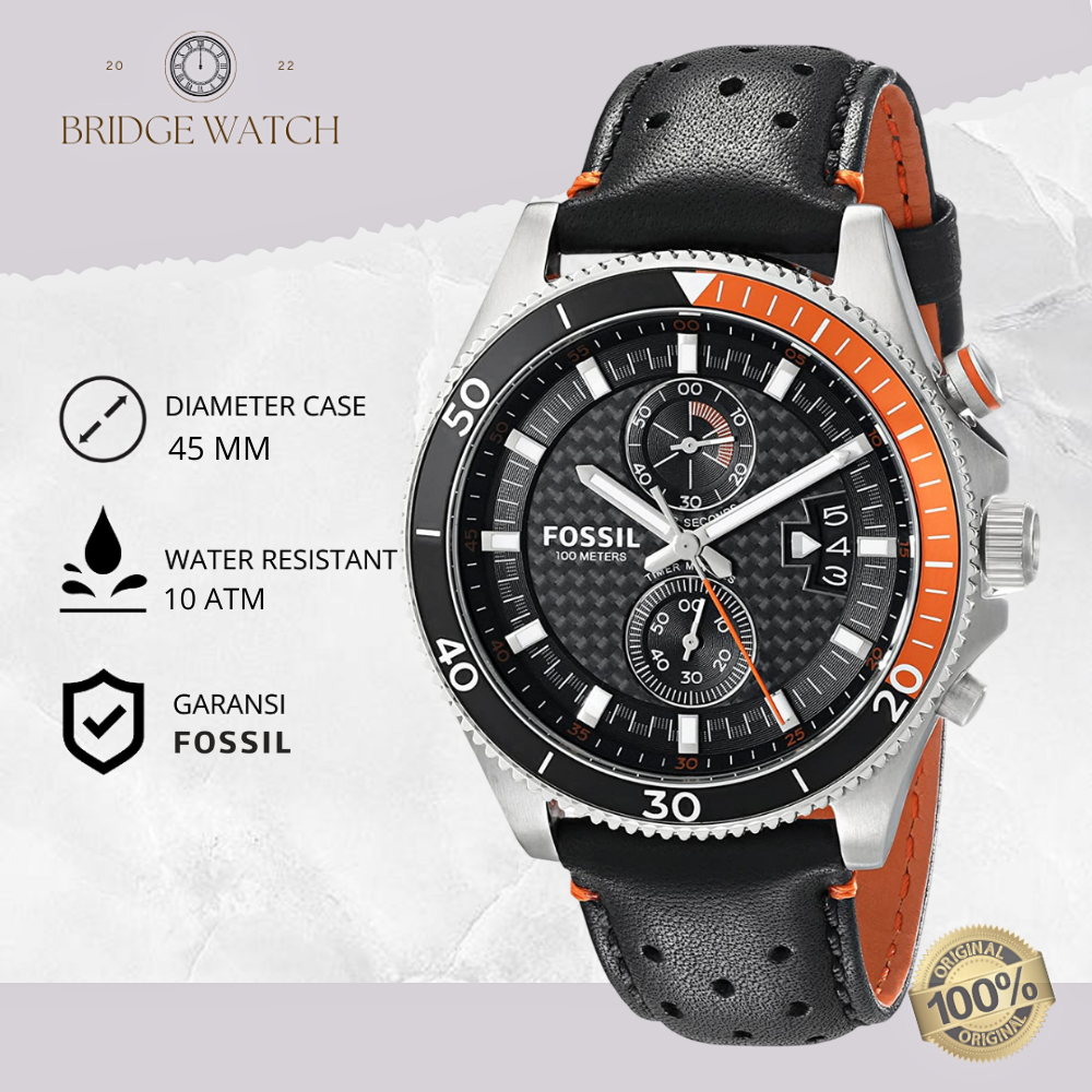 Jam Tangan Pria Fossil CH2953 Wakefield Chronograph Black Leather Strap Kulit Sporty Casual Original