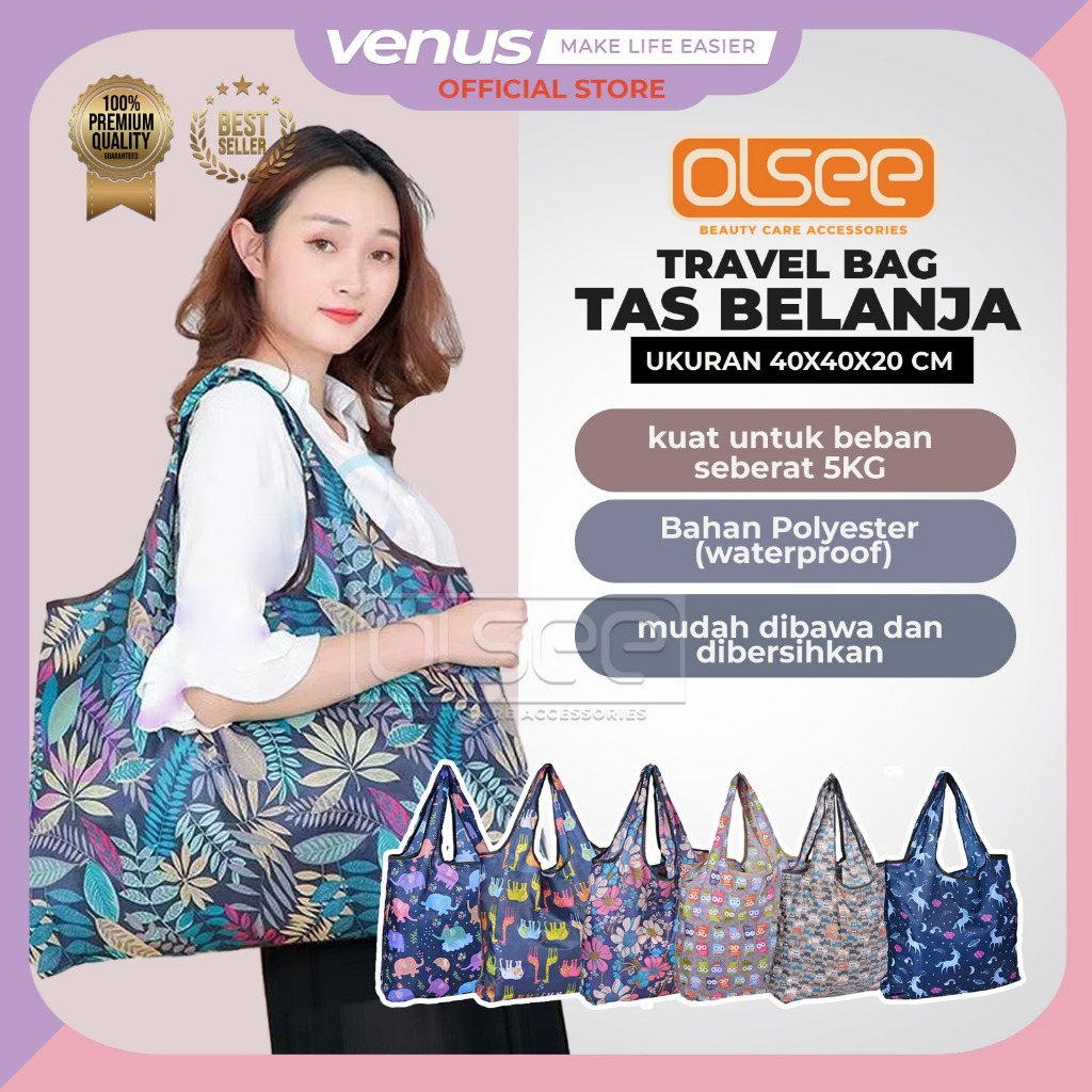 VENUSJKT - (UKURAN  40x40x20 CM) Tas Travel Bag Kantong Belanja Tote Lipat Bahan Ramah Lingkungan Da