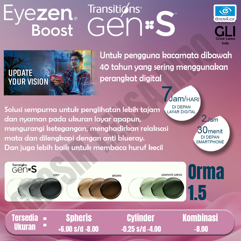 Lensa kacamata Essilor SV Eyezen Boost Transitions Gen S Orma 1.5