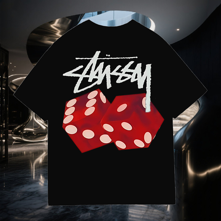 (COD) KAOS  kapas ukuran besar, logo klasik Stüssy dengan cetakan dadu keren, kepribadian dan menari