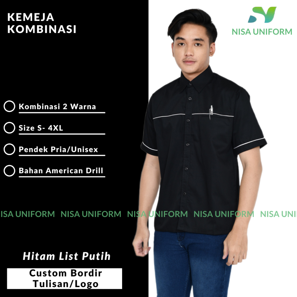 Nisa Uniform Kemeja Pria Lengan Pendek Hitam List Putih Custom Bordir Seragam Kerja Indoor Outdoor