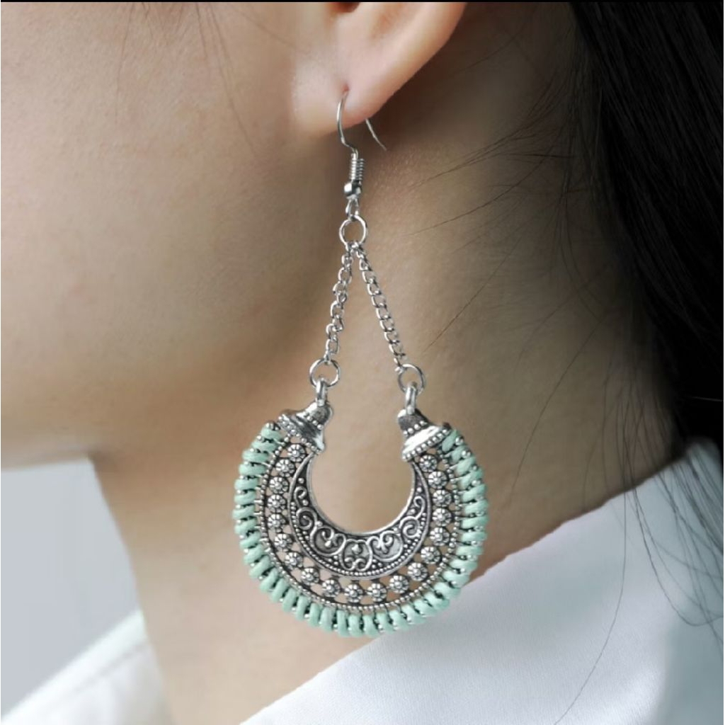 Anting Rumbai Panjang paduan warna hijau Tosca dan putih  Anting Hoop Bohemian Logam