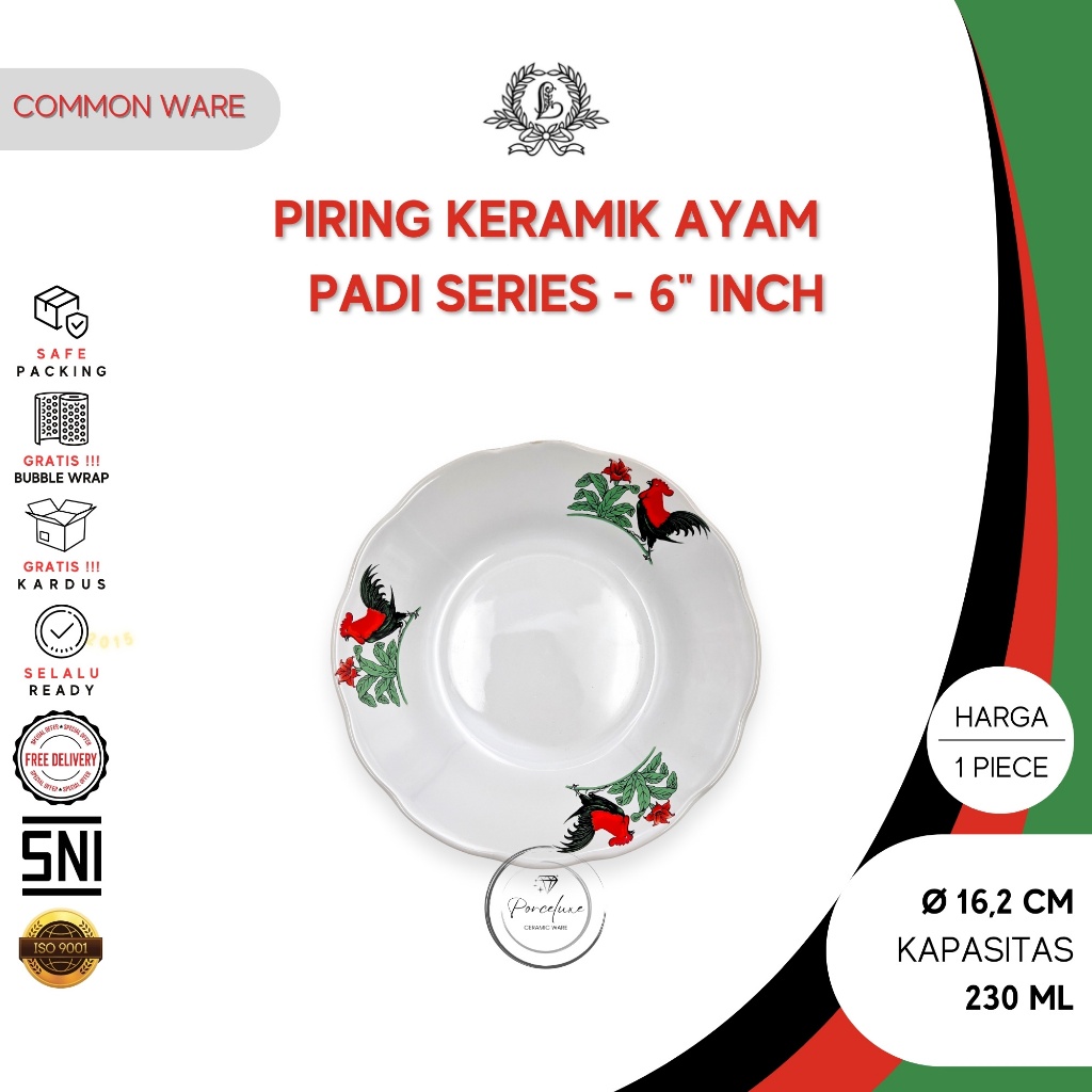 Lucky Padi Series Piring Keramik Ayam 6"/16,2 cm Putih 230 ml Plate Saji Kecil Kue Dessert Jadul
