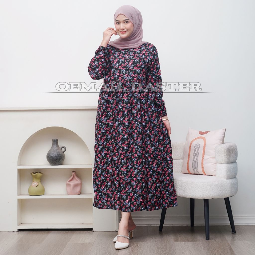 Daster Midi Dress Wanita Rayon Premium Zipper Motif Bunga Kecil