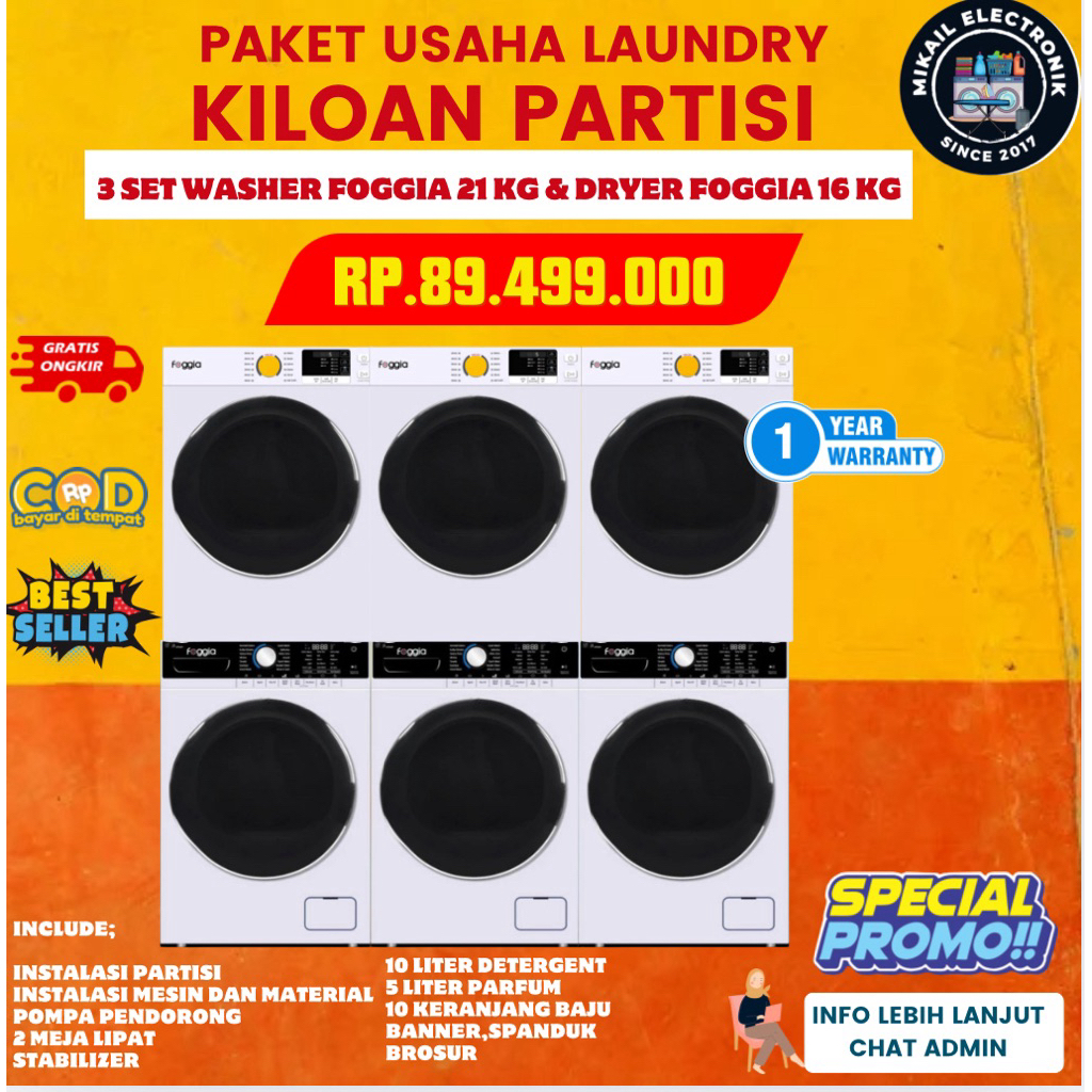 PAKET MESIN LAUNDRY MESIN CUCI FOGGIA 21KG DRYER FOGGIA 16 KG PARTISI