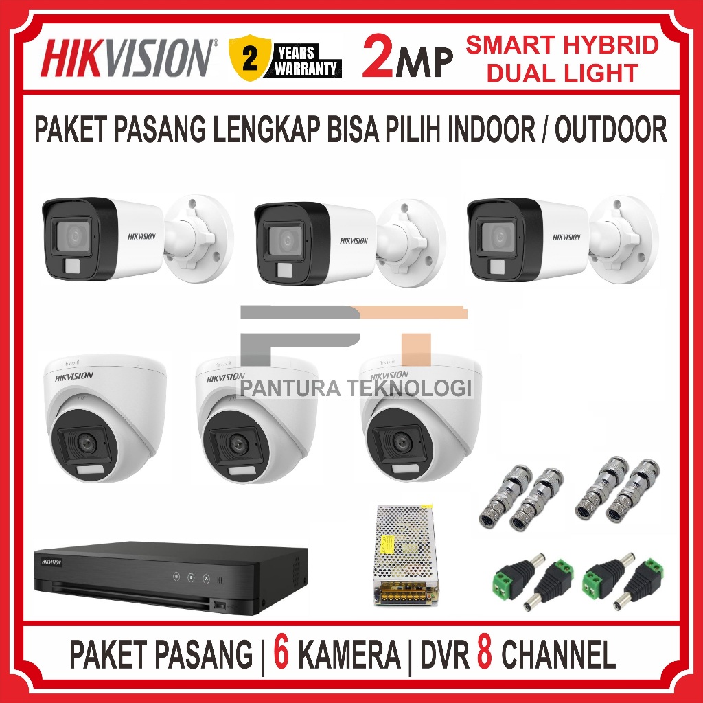 PAKET CCTV 6 KAMERA HIKVISION 2MP COLORVU LITE SMART DUAL LIGHT DVR 8 CHANNEL HQHI UP TO 4 MP LENGKA