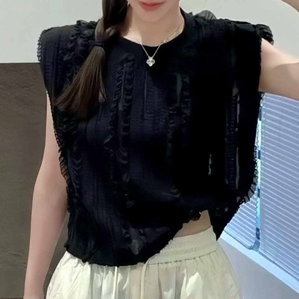 Sora Top | Atasan Hitam Tekstur | Lengan Pendek Tanktop | Pinterest Outfit Korean